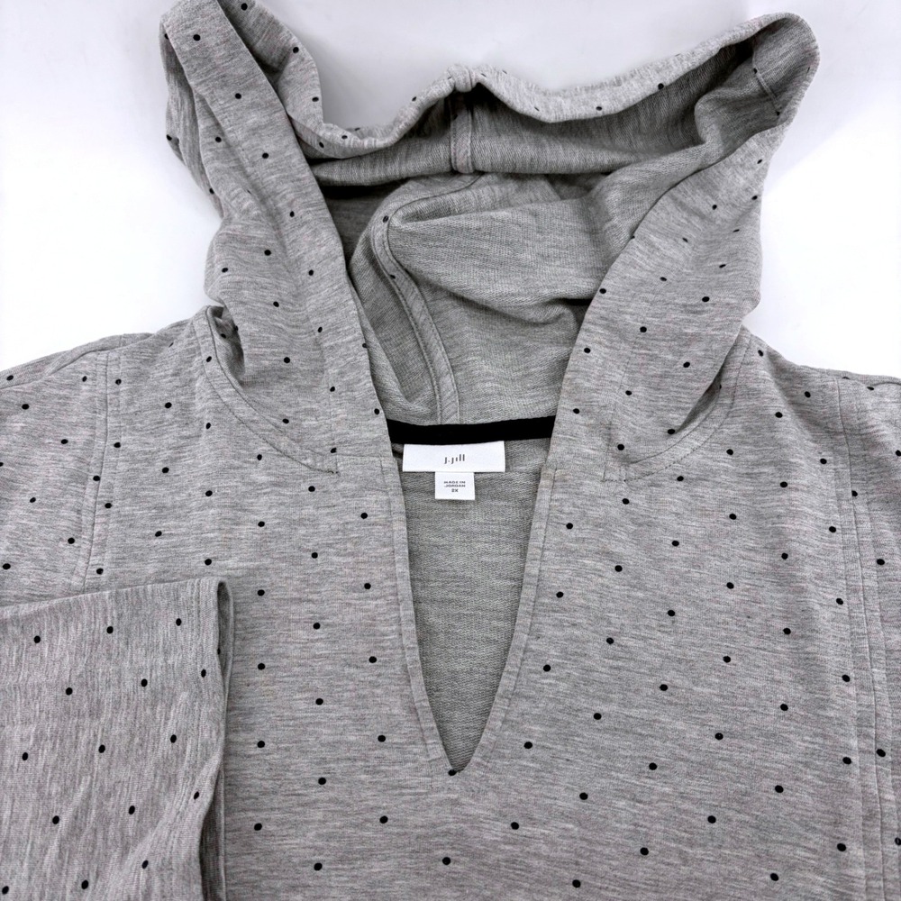 J. Jill Womens 2X Gray Polka Dot Hooded V-Neck Tunic Long Sleeve Top